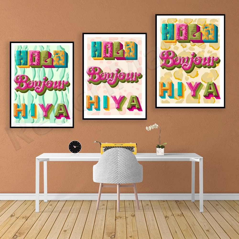 مرحبا بكم، صباح الخير، مرحبا يا ترحيب، Hola bonjour hiya ترحيب طباعة الممر مرحبا ملصق اقتباس انتقائي ملون