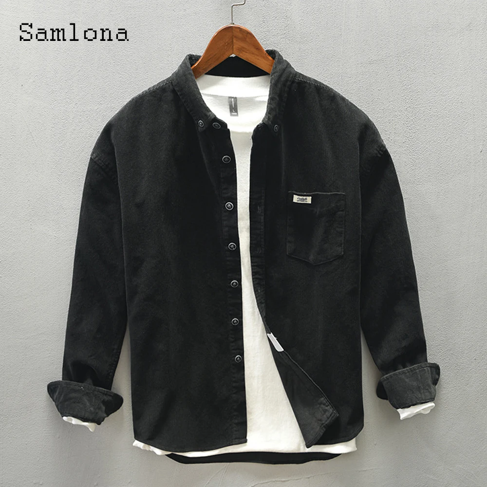 Samlona Men Fashion Corduroy Tops Sexy Male Clothing 2022 Spring New Casual Shirt blusas Plus Size 3xl Mens Lepal Collar Blouse