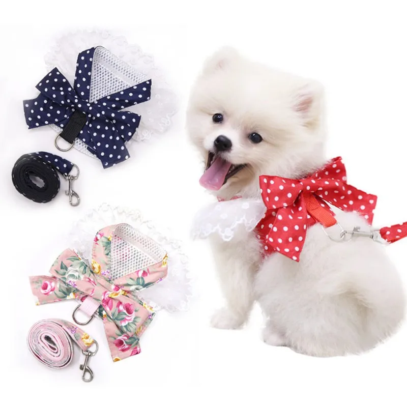 Dog Bowknot Harness Set Harness Leash Set For Small Medium Puppy Dogs Chihuahua Lace Print Mesh Wedding Party Dog Harness Vest