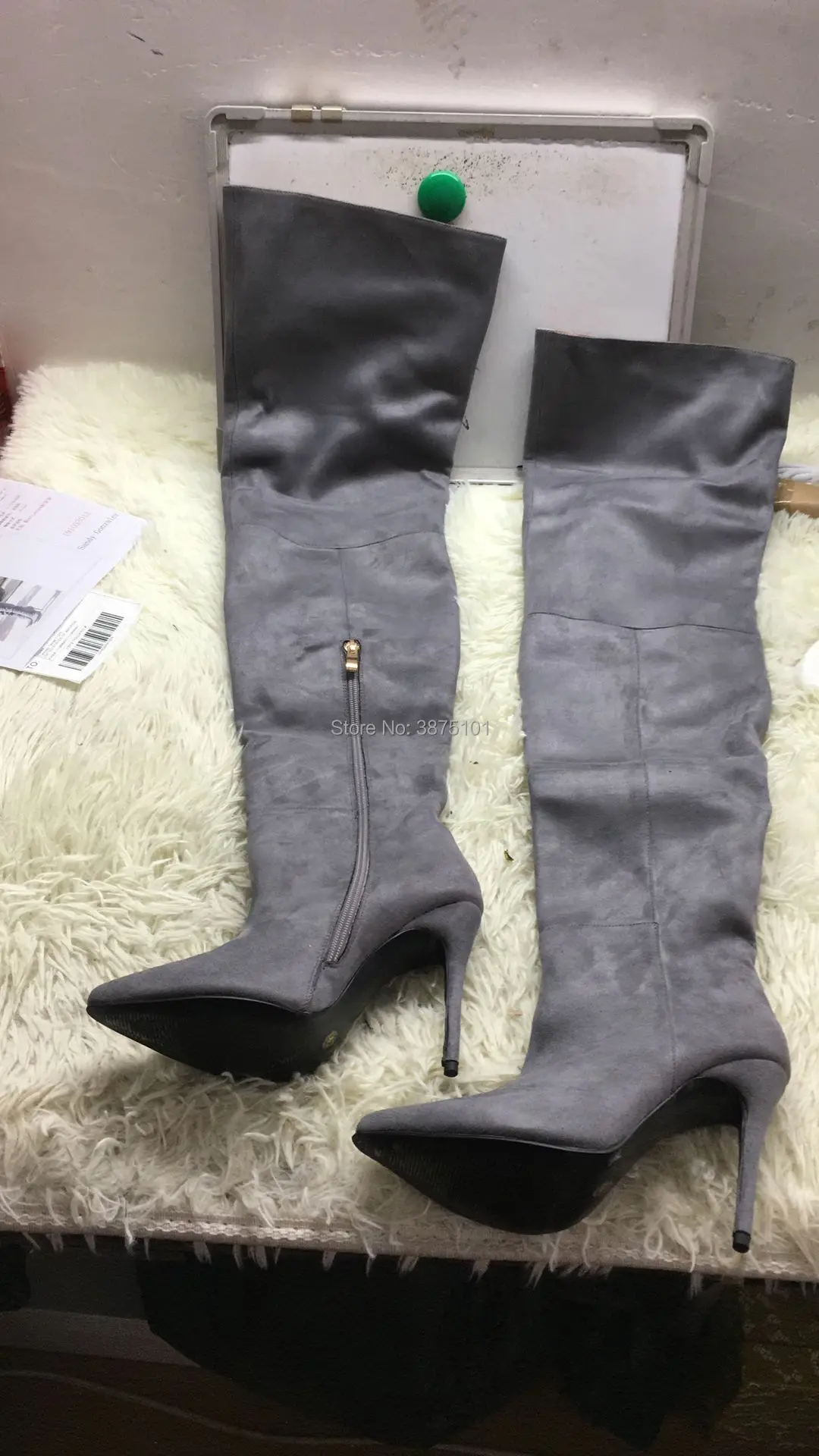 Concise Style Grey Suede or PU Leather Stiletto Heel Long Boots Fancy Women Pointed Toe Thin HighHeel Thigh High Boots Celebrity