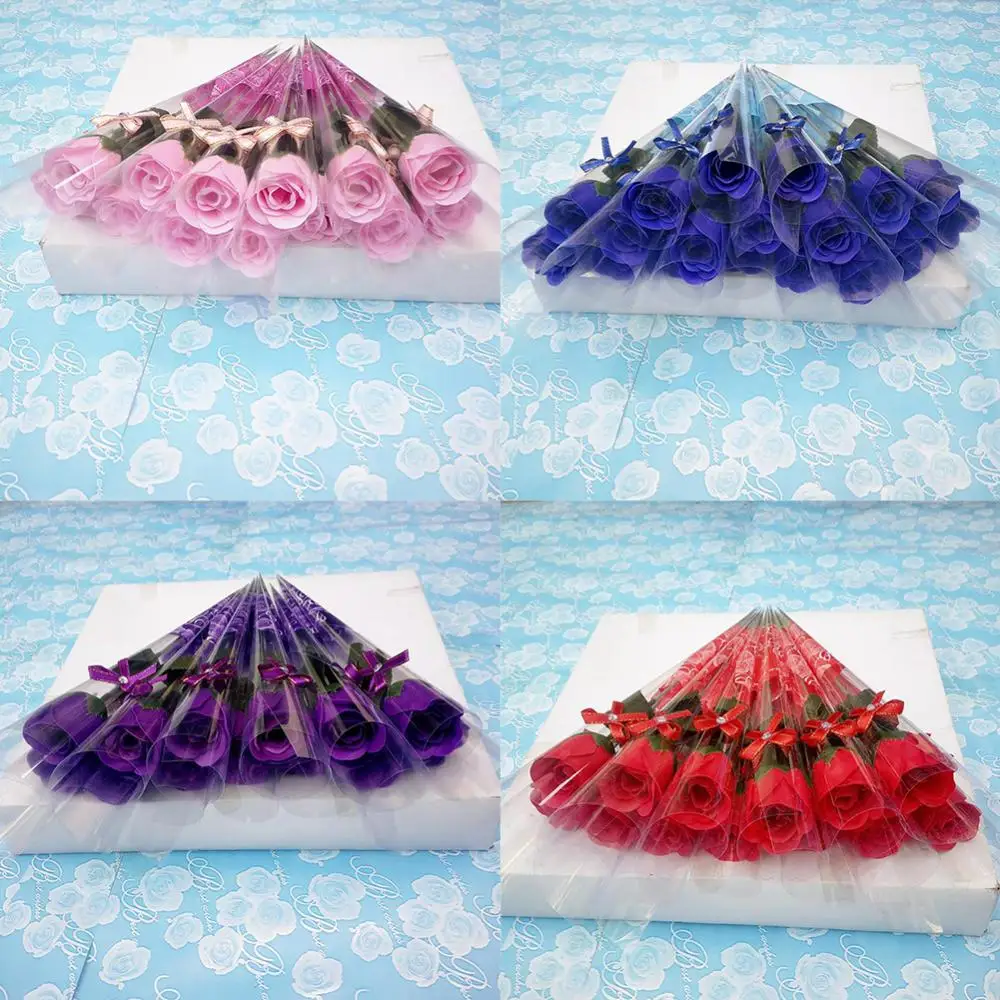 Rosa Artificial de tallo único creativa, 10 Uds., con embalaje de plástico, flores hechas de jabón, regalo del Día de San Valentín, decoración para fiesta de cumpleaños