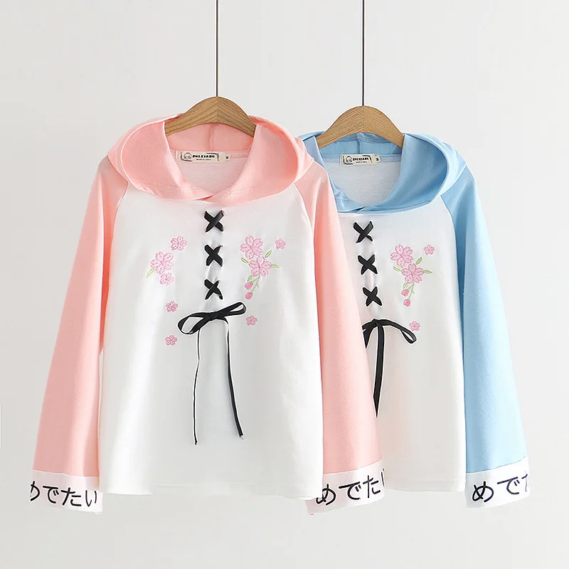 Harajuku Women Lace Up Hoodies Cute Floral Embroidery Hooded Pink Sweatshirt Sweet Girls Bandage Letter Print Pullovers Blue