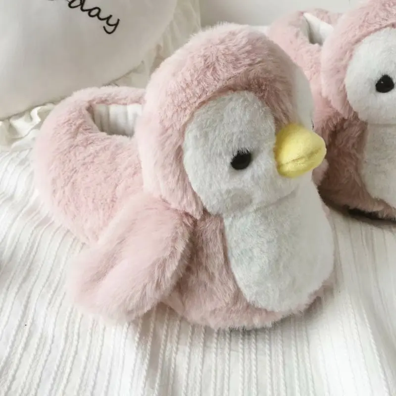 Kawaii pink penguin winter fur warm home slippers plush penguin doll home slippers cute and soft home animal shoes