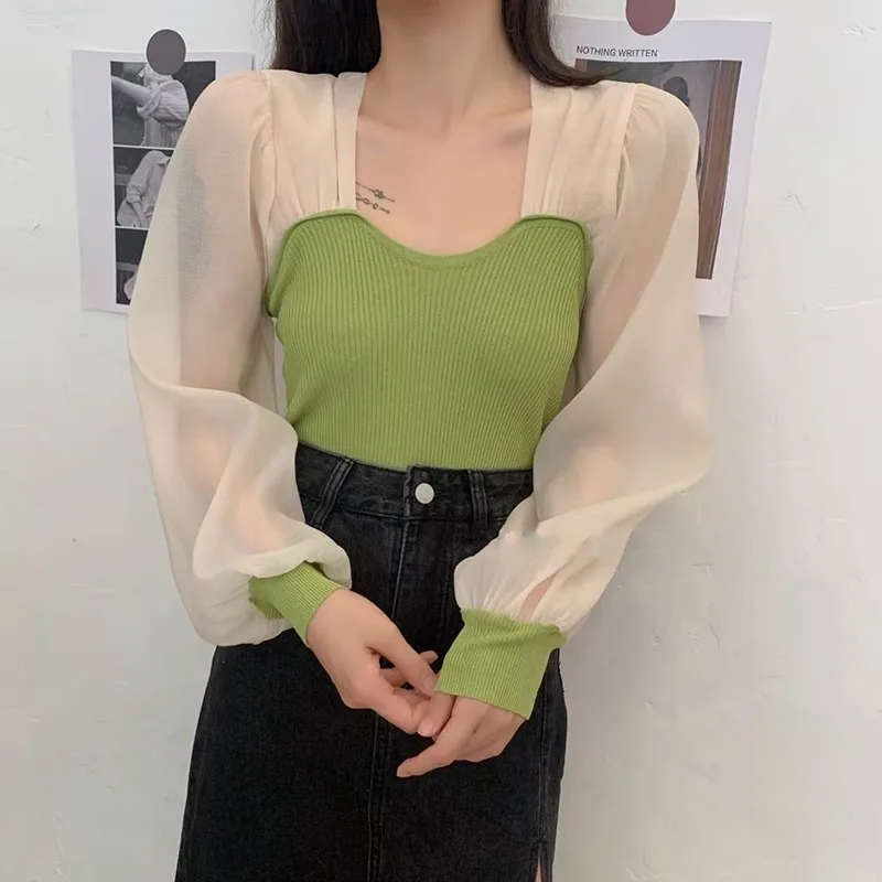 Lucyever Fashion Patchwork Knitted Blouses Women Korean Chic See Through Sleeve Shirts Female Elegant Slim Streetwear Blouse Top