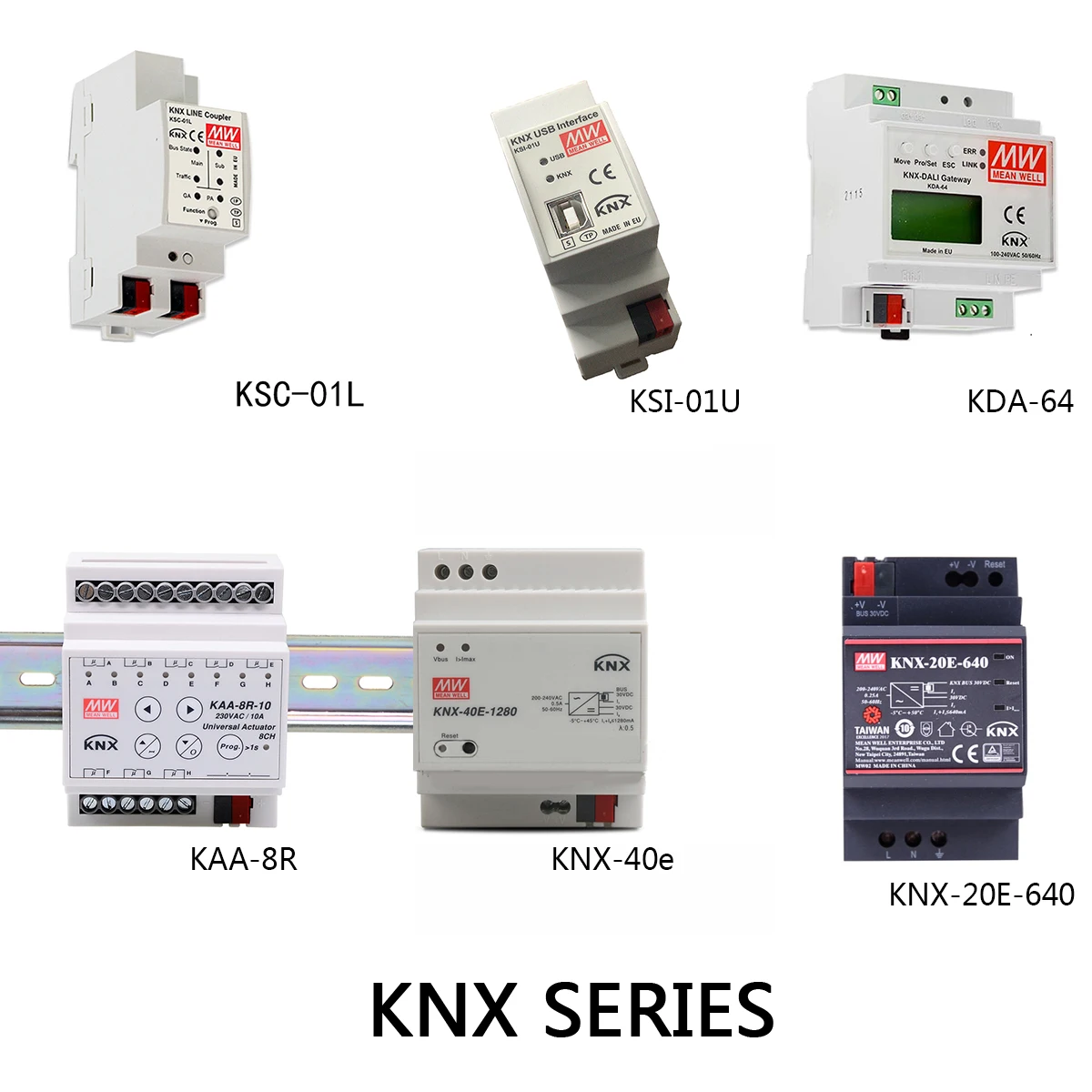 KAA-4R4V KAA-8R KDA-64 Knx-20e-640 KNX-40e KSC-01L KSI-01U KSR-01IP MEANWELL KNX series Router Coupler Actuator dimmer Power