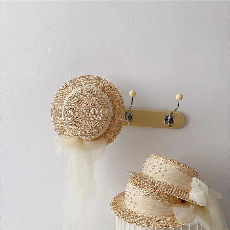 Cute Children's Cap Straw Hat Pearl Decoration Lace Bandage Flat Top Sun Protection Caps Girl Wide Brim Hat Beach Hat Sun Hats