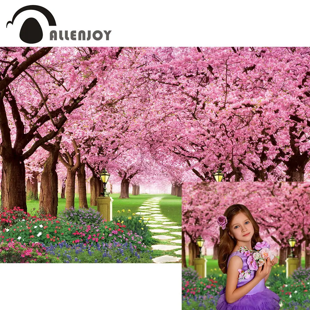 Allenjoy Spring Garden Backdrop Fairy Girl Cherry Blossoms Tree Baby Shower Birthday Decoration Photo Studio Banner Background