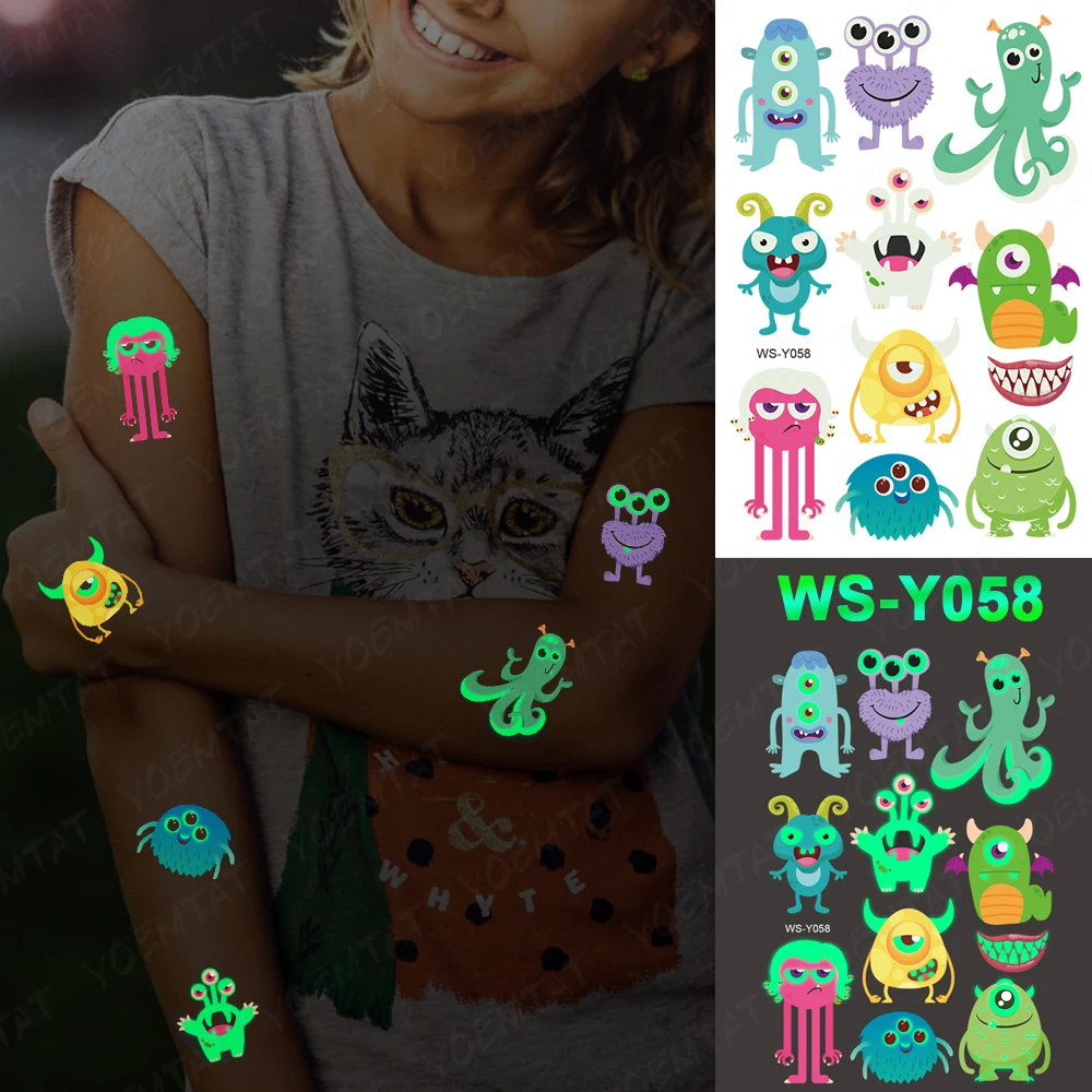 Luminous Glitter Tattoo Stickers Monster Children Temporary Waterproof Funny Tatto Body Art Cute Kid Cartoon Fake Tatoo