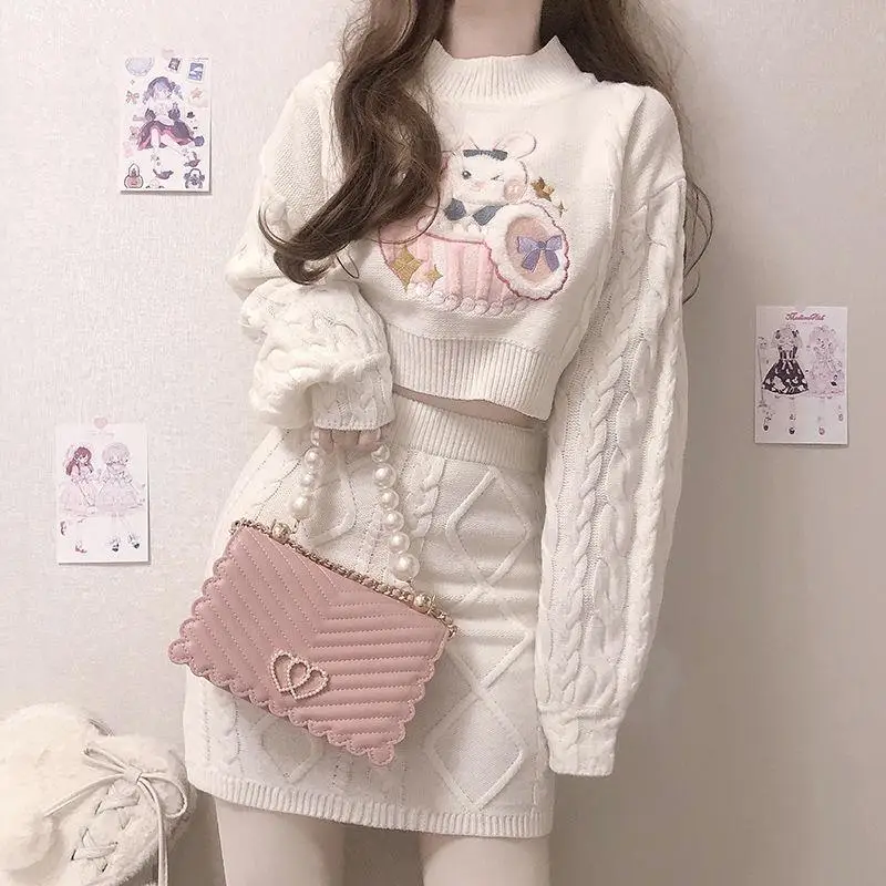 Women Sets Knitted O-Neck Full Sleeve Casual Crop Tops Kawaii Embroidery Sweaters Mini  Twist Skirts Female Harajuku Ins