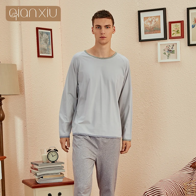 Pijamas de lana con cuello redondo para hombre, ropa de casa de algodón, camisones de talla grande, ropa informal de otoño e invierno