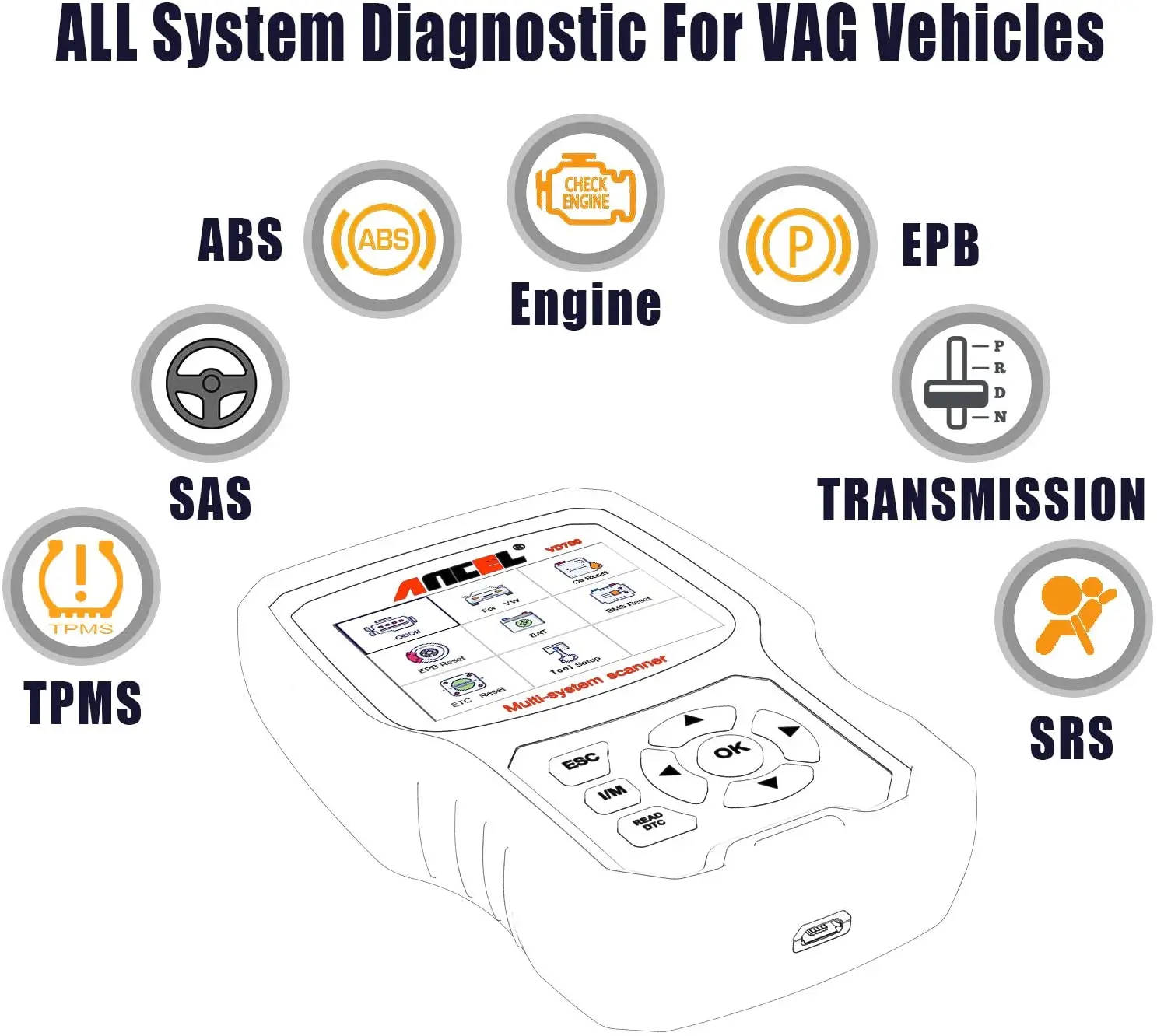 Ancel VD700 OBD2 Automotive Scanner For VAG VW Audi Skoda Seat Full System Diagnose ABS EPB TPMS DPF Reset Car Diagnosis Tools