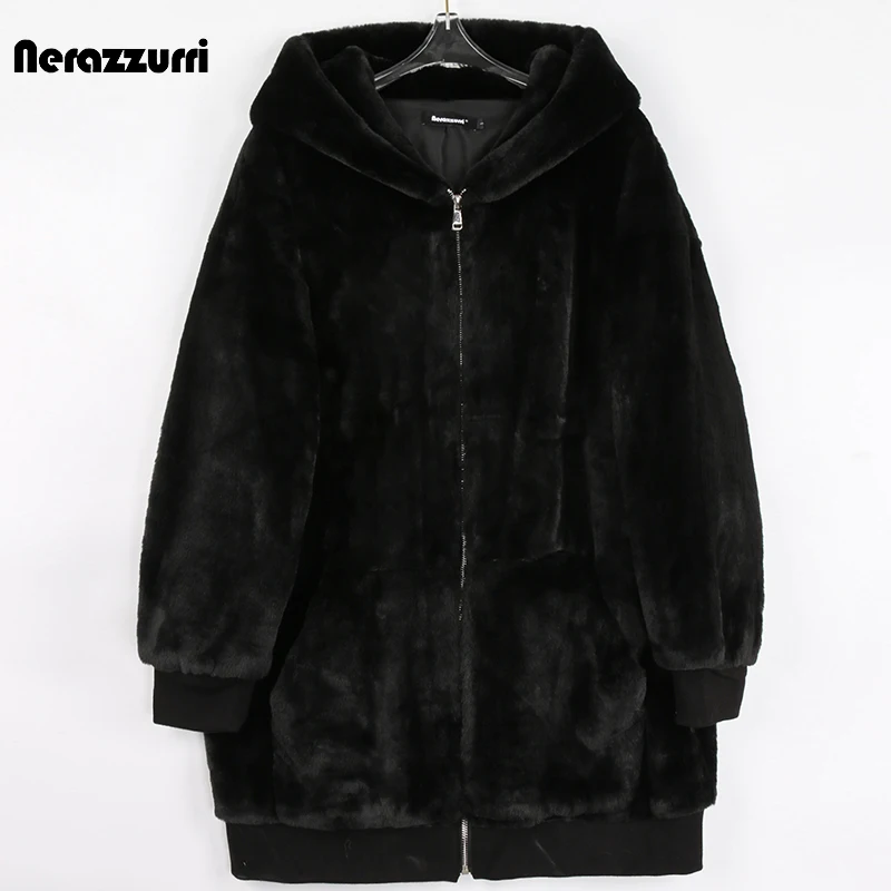 Nerazzurri Winter Blue Black Warm Oversized Faux Fur Sweatshirt Women with Hood Zipper Long Sleeve Loose Casual Fluffy Jacket