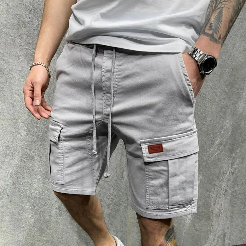 Solid Color Cargo Shorts Men Casual Shorts Summer Multi Pockets Joggers Shorts Mens Drawstring Knee Length Shorts short homme