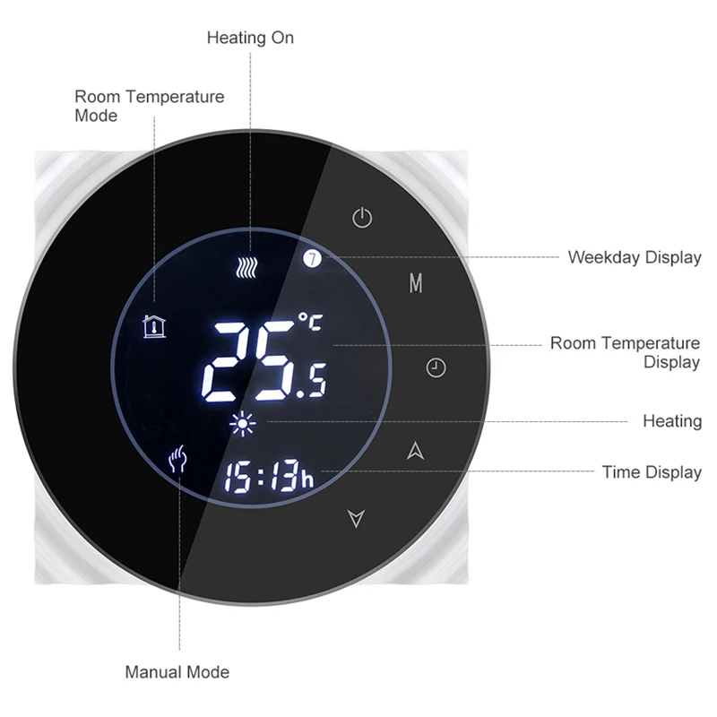 Imagem -03 - Termostato Elétrico para Aquecimento de Piso Controle Remoto por App Tuya Termostato Inteligente de Piso com Luz de Fundo Tela Lcd Touch e Controle de Temperatura Semanal