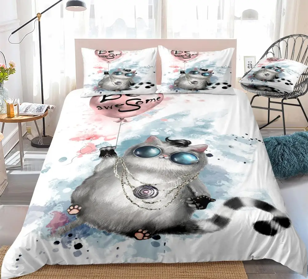 Cute Cat Bedding Kids Boys Girls Cat with Round Glasses Home Textiles Balloon Watercolor Duvet Cover Set Cartoon 3pcs Dropship