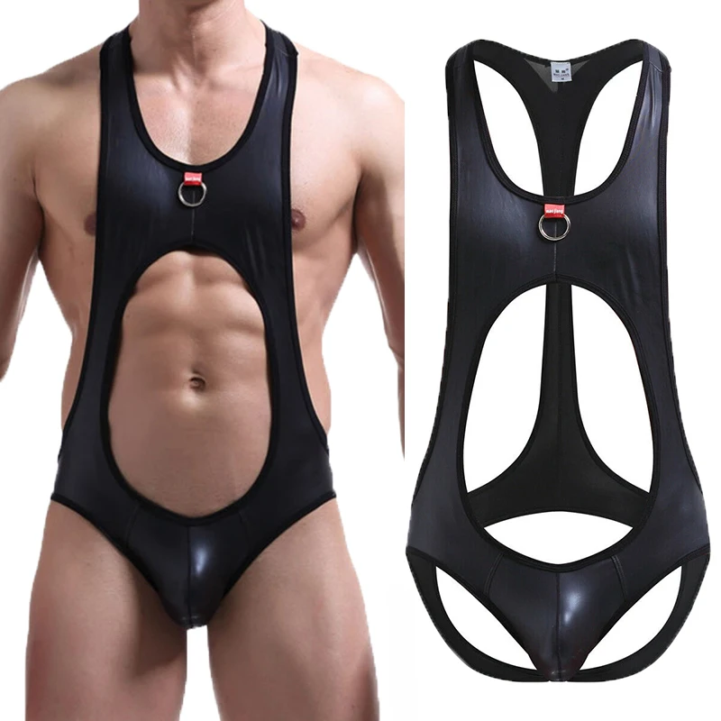 Mens Bodysuit Jock Strap PU Leather Open Back Lingerie Latex Catsuit One Piece Sexy Gay Jumpsuits Wrestling Singlets Undershirts