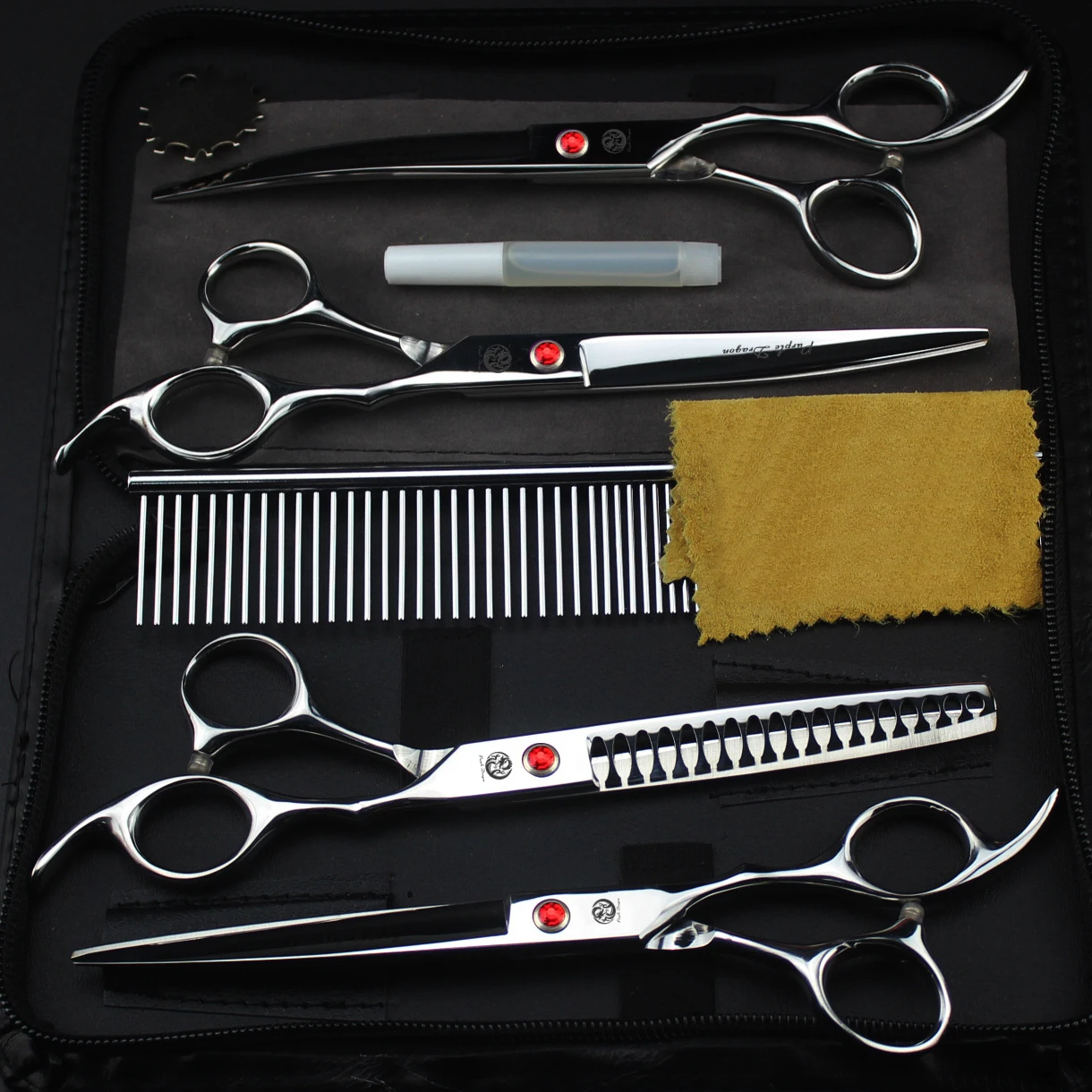 Profissional Dragão Roxo Dog Grooming Scissors, Japão inoxidável Chunker, Pet Thinning Scissors, Tesoura Curvada, Pente Z3002