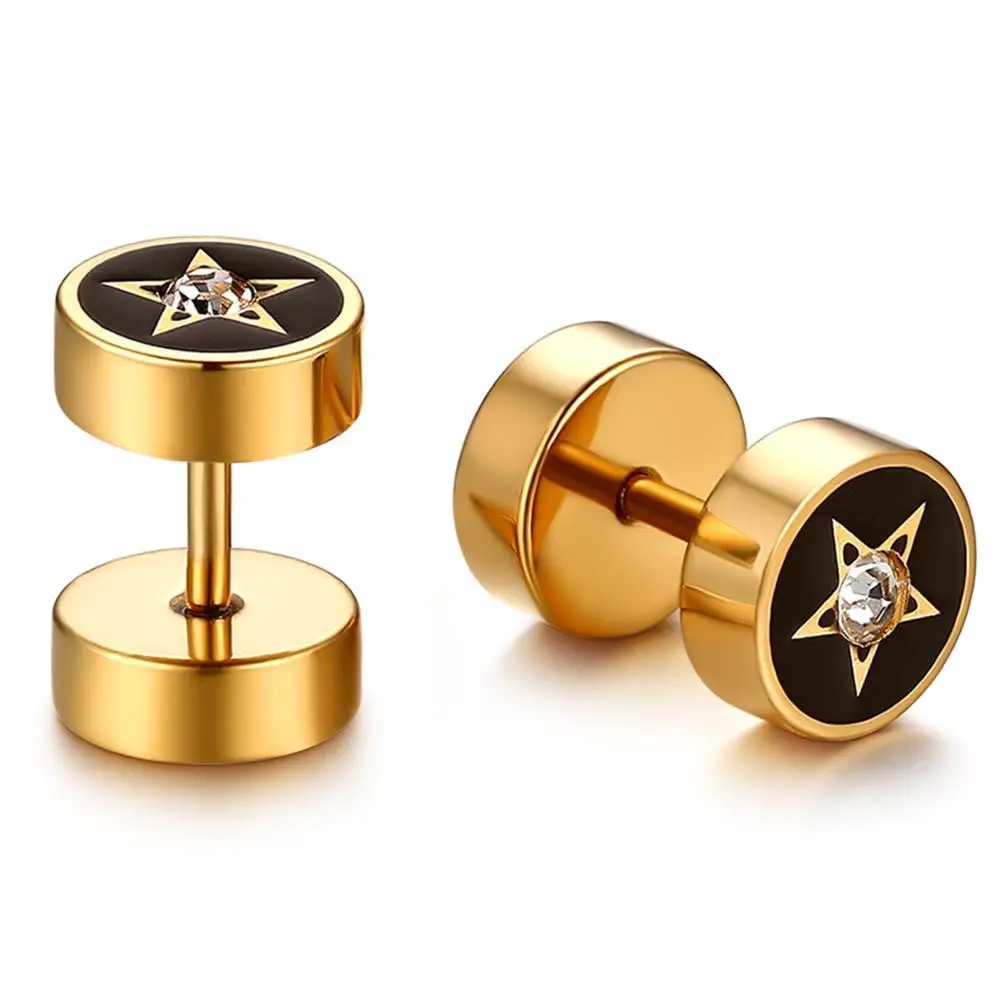 BONISKISS Fashion Punk Pentagram Dumbbell Stainless Steel Earrings For Women Man Gold Color Stud Earrings Jewelry Dropshipping