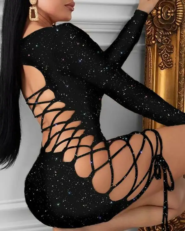 Women Sexy Leopard Mini Dress Long Sleeve O-Neck Backless Skinny Stretch Short Dresses Night Club Sex Wear