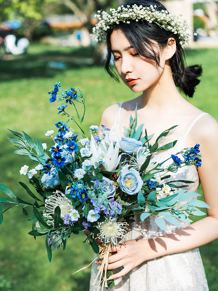 JaneVini-ramos de novia de estilo europeo Vintage, flores de peonía artificiales de seda, rosas azules, ramo de novias, accesorios de boda