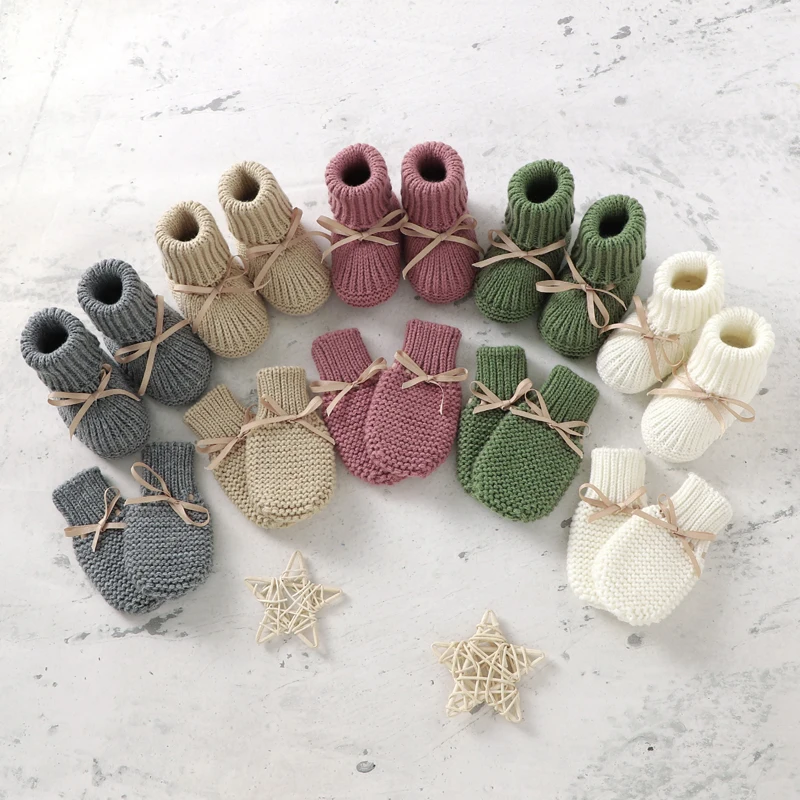 Baby Shoes + Gloves Set Knit Newborn Girls Boys Boots Mitten Fashion Butterfly-knot Toddler Infant Slip-On Bed Shoes Hand Made