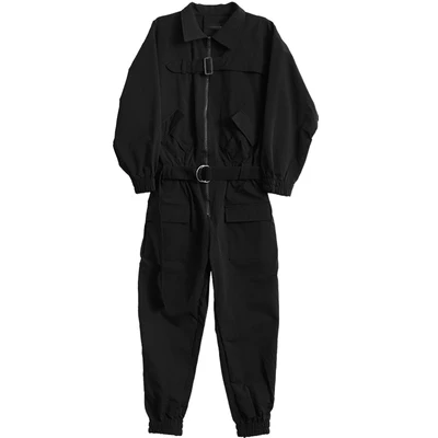 Men\'s new onesie multi-pocket buckle long-sleeve casual bound feet coveralls loose jumpsuit