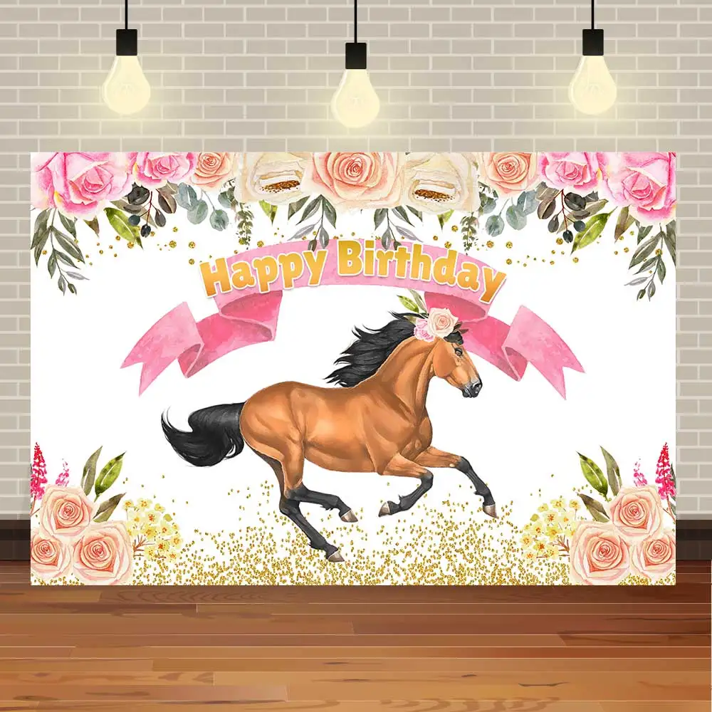 NeoBack عيد ميلاد سعيد الحصان المهر المائية الزهور الذهبي بريق ملون حفلة صور خلفية التصوير خلفية