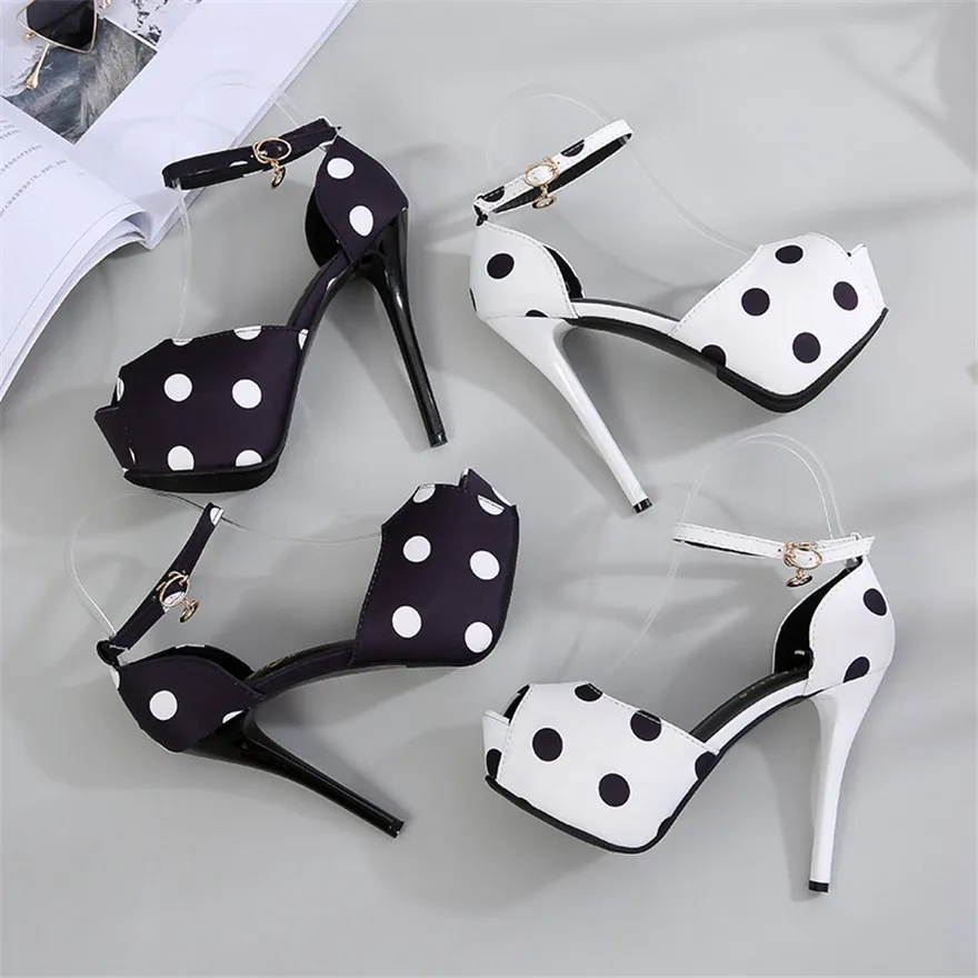 Black White 12/14cm Thin Heels Women Sandals Summer Platform Fashion Polka Dot Silk Pumps Woman Peep Toe Thin Buckle Dress Shoes