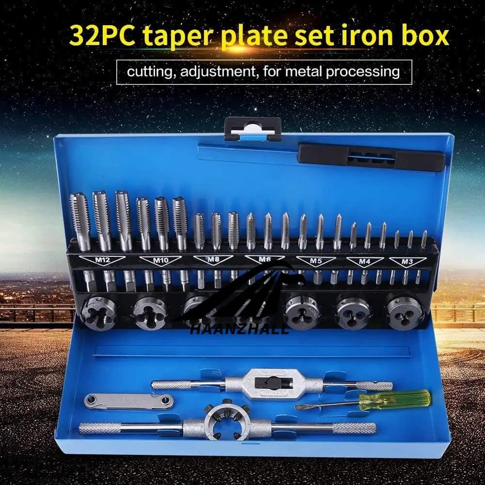 

32pc M3-M12 Metric Tap and Die set Hand Tapping Tools Screw Thread Tap Die Wrench Set