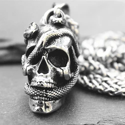 Fine Hand-made Retro Domineering Three-dimensional Twin Snake Wearing Skull Pendant Men's and Women's Jewelry Necklace