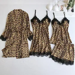 Sleepwear Satin Silk Pajamas Women Nightdress Lingerie Robes Leopard Printed Underwear Sexy Onesies Combinaison Femme Sleepshirt