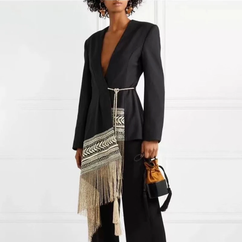 TWOTWINSTYLE Loose Fit Spliced Contrast Color Tassel Belt Jacket New V-neck Long Sleeve Women Coat Fashion Autumn Winter 2023