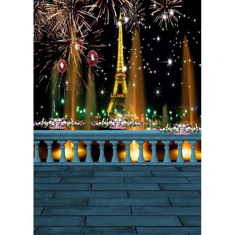 Night Photo Eiffel Tower Booth Backdrop for Photography Fireworks Background for Studio Y-504