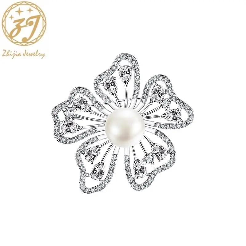 Zhijia delicate silver color crystal rhinestone pearl flower shape pins brooches for women dress party jewelry