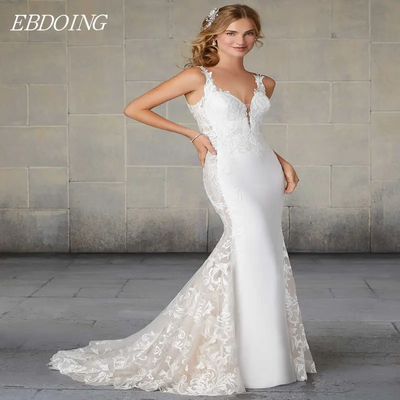 

New Arrive Vestidos De Novia Charming Lace Wedding Dress Mermaid Deep V-Neck Neckline Sleeveless Long Sexy Plus Size Bride Gown