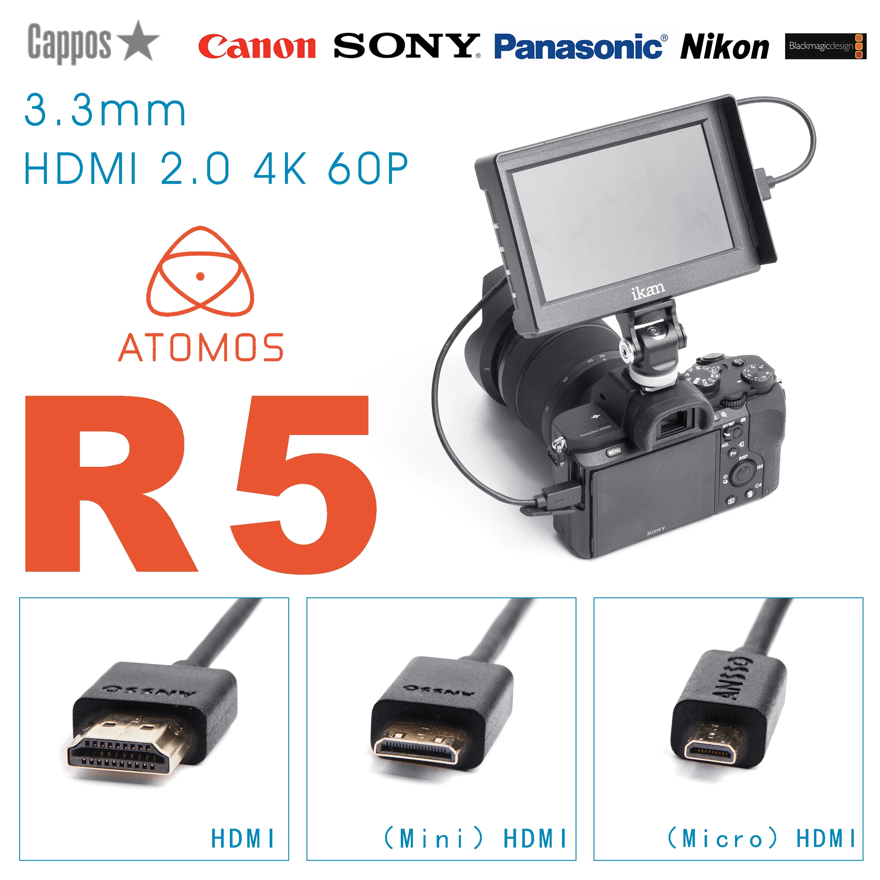 ANSSO HDMI-compatible Ultra Slim Very Super Flexible Cable 4K60P Mini Micro Digital Single Lens Reflex 18Gbps HDR Recorder 19+1