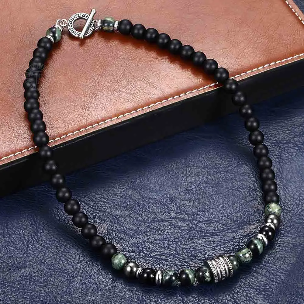 Fashion 2019 New Natural Tiger Eyes Map Stone Necklace For Men Women Stainless Steel Black Glass Bead Yoga Necklace TNB001