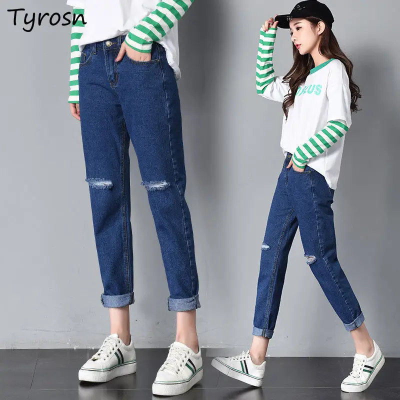 

Jeans Women Retro Design Hole Straight Ripped Jean Streetwear All-match Zipper Fly Loose Korean Style High Waist Denim Trousers