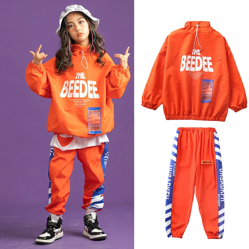 Children Hip Hop Dance Costumes For Kids Orange Jacket Hiphop Suit Girls Jazz Street Dance Wear Outfits Rave Clothes DQS6668