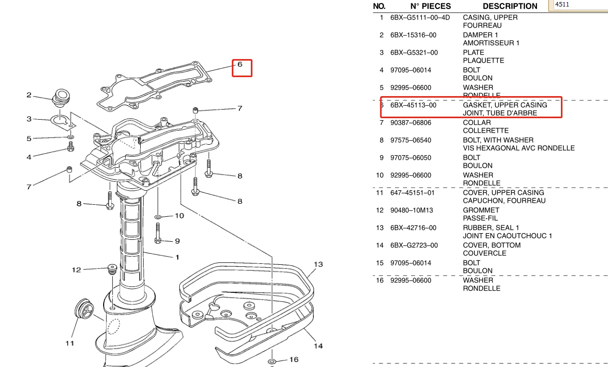 Boîtier supérieur de joint pour moteur hors-bord Yamaha, 4 temps, série F4B F5A F6C Hidea F6, 6BX-45113