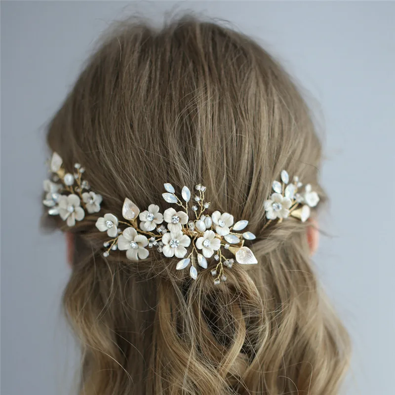 Porcelain Flower Hair Comb Wedding Pins Crystal Bridal Boddy Pins Hair Piece Women Headpiece Jewelry