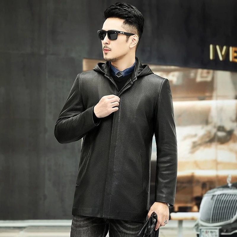 High Brand Quality Genuine Leather Hooded Windbreakers Mens Real Sheepskin Coat Fashion Business Casual Classic Black Jacket