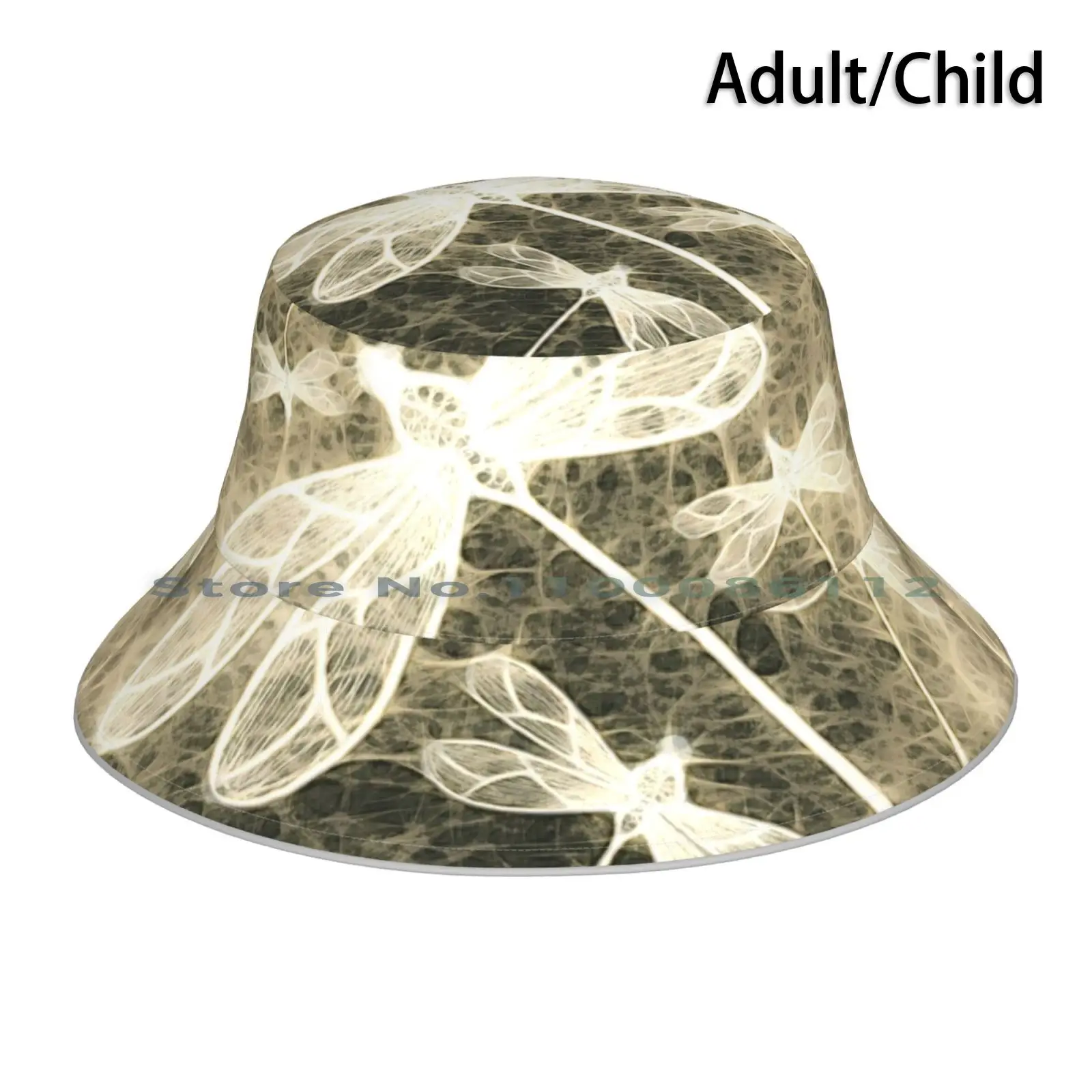 Textured Dragonflies In Beige Bucket Hat Sun Cap Abstract Bold Digital Design Embroidered Embroidery Grunge Magical Modern