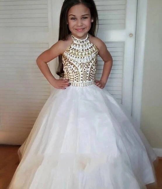 

Backless Girls Pageant Dresses For Weddings Ball Gown Halter Tulle Beaded Long Flower Girl Dresses For Little Girls