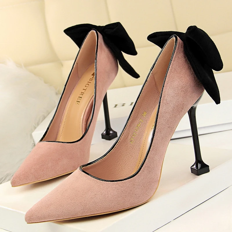 BIGTREE Shoes Bowknot Women Pumps Stiletto High Heels Suede Women Shoes Fashion Wedding Shoes Designer New Pointed Women Heels