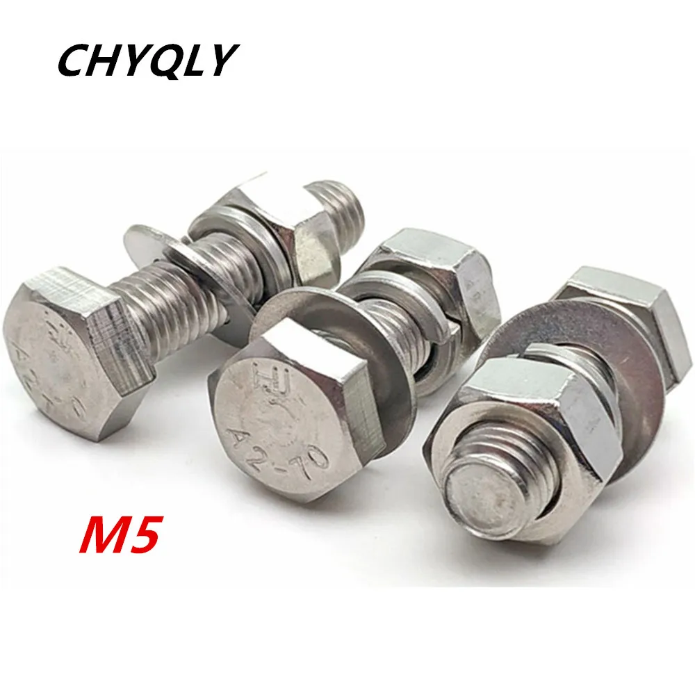 10pcs 304 Stainless Steel Outer Hexagon Head Bolts Nuts Washer Composite M5*8 10 12 16-90mm External Hex Bolt Screw Combination