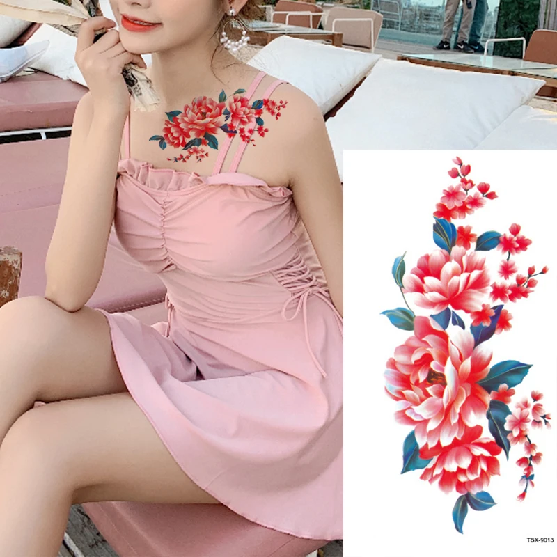 1Pc Beauty Waterproof Fake Temporary Tattoo Sticker 15 Style Flower Rose Flash Red Pink  Body Art Arm Fake Sleeve Women Tattoos