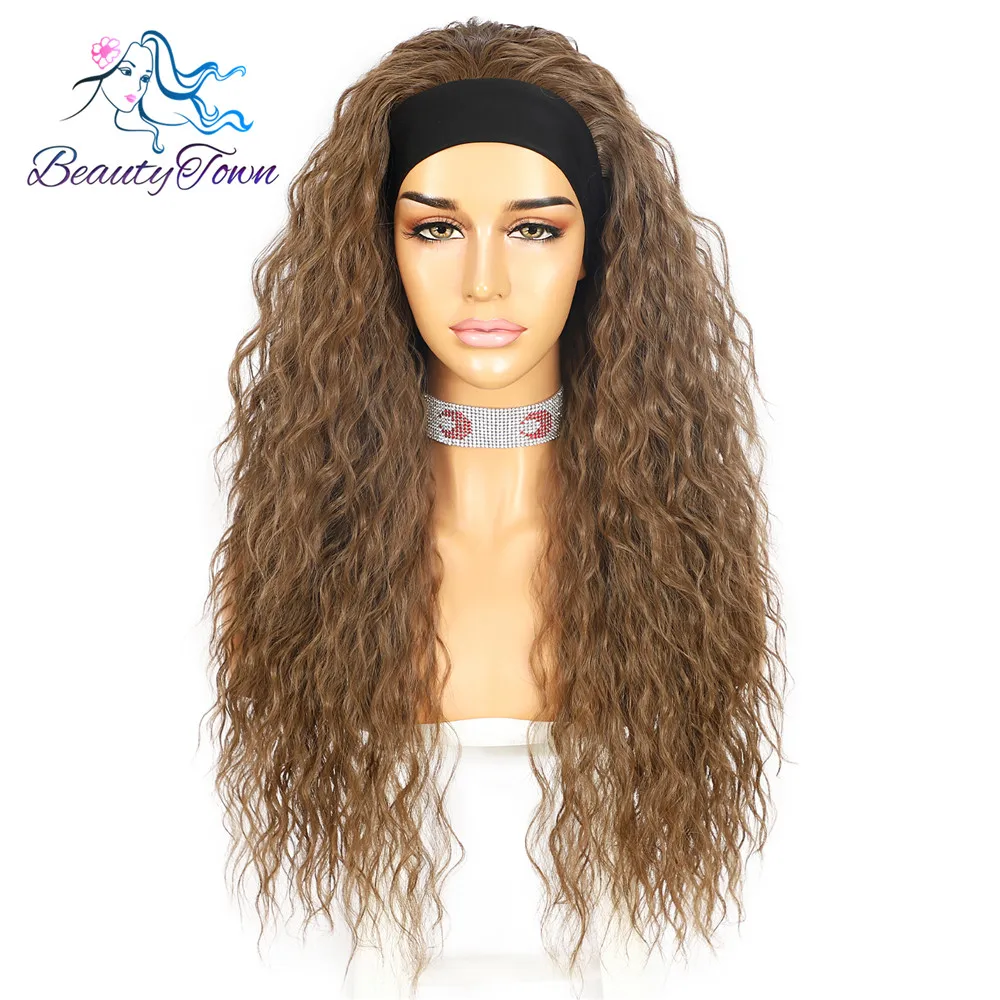 Long Kinky Curly #10 Brown Headband Wig for Women Daily Wedding Party Holiday No Gel Glueless Wigs 2 Free Bands BeautyTown