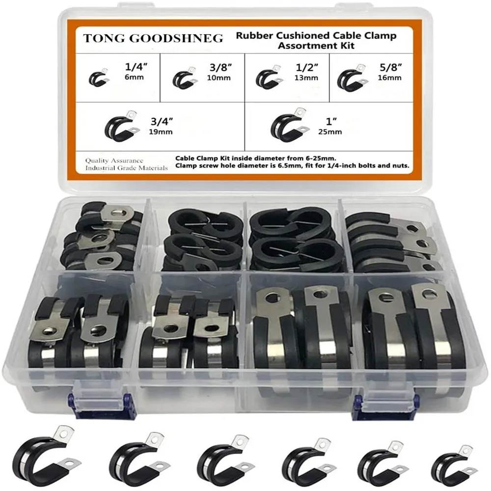 

304 Stainless Steel Cable Clamps Assortment Kit,Rubber Cushion Pipe Clamps in 6 Sizes 1/4" 3/8" 1/2" 5/8" 3/4" 1"