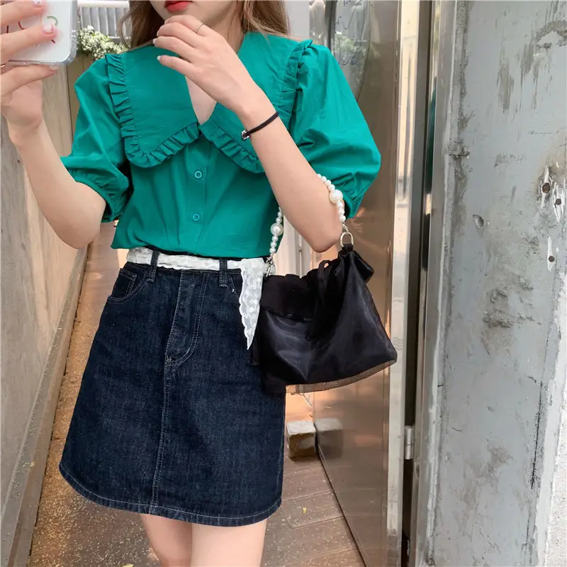 Shirts Women Fit Solid Puff Sleeve Summer Leisure Sweet Ulzzang Holiday Retro All-match Ladies Ins New Fashion Chic Tops Simple